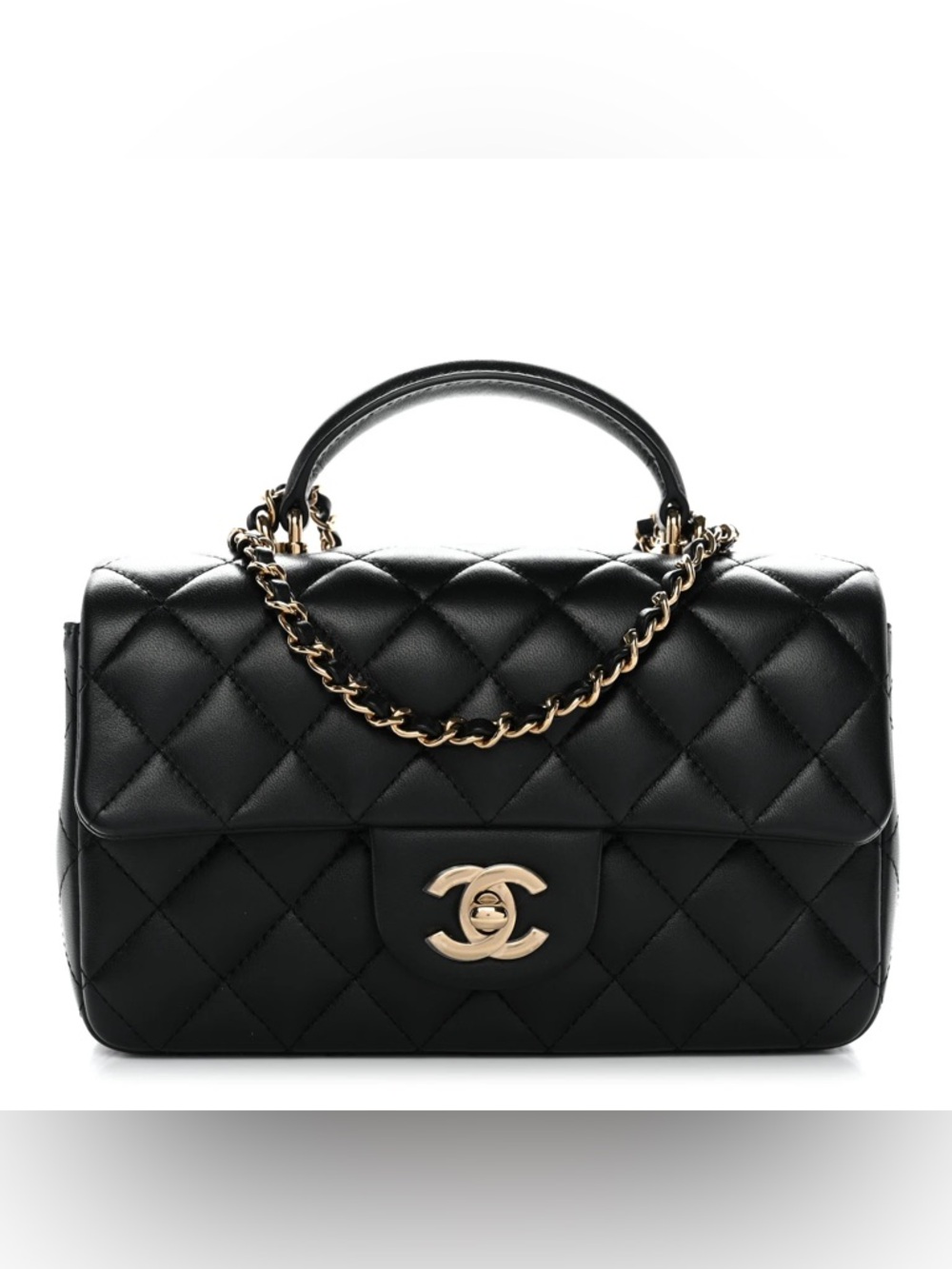 CHANEL
Lambskin Quilted Mini Top Handle Rectangular Flap Black